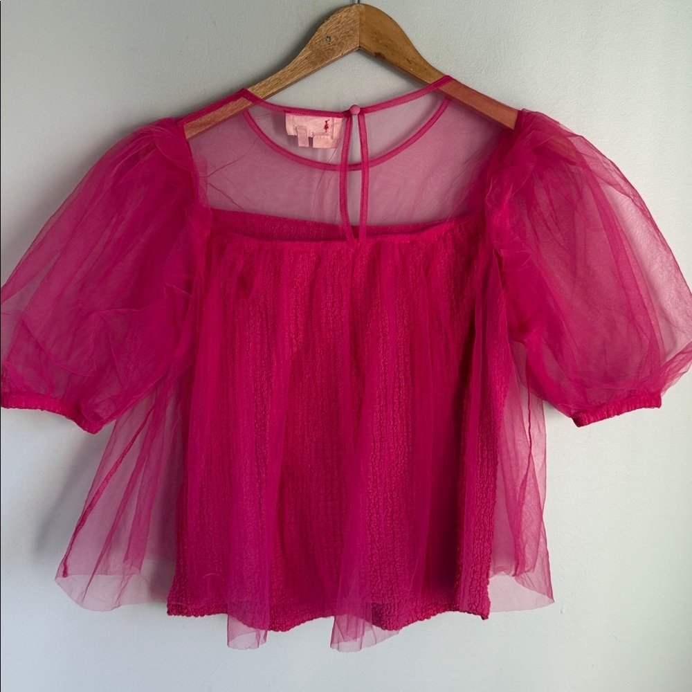 Anthropologie Sheer Magenta Puff Sleeve Top Small - Picture 8 of 10